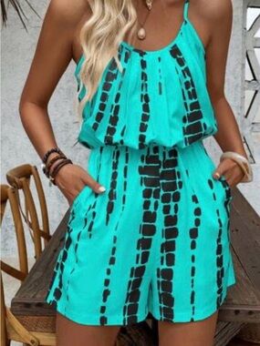 Turquoise Spotted Stripe Mini Sundress with Spaghetti Straps